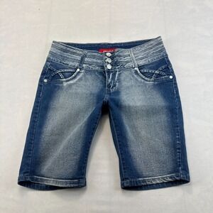 GOGO Star Bermuda Shorts Womens 7 Blue Denim Faded Stretch High Rise Outdoor